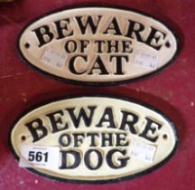 Two small modern painted cast iron signs 'Beware of the Cat' and 'Dog'