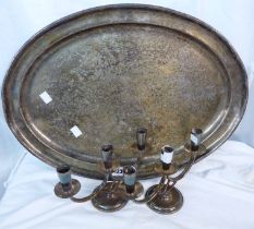 A large Elkington & Co. silver plated oval tea tray (dents) - sold with a pair of short twin