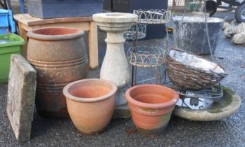 A concrete pedestal birdbath - sold with a selection of terracotta plant pots, a chimney pot, a