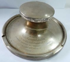 A 20cm diameter Walker & Hall silver capstan inkwell with hinged lid and inscription to the loaded