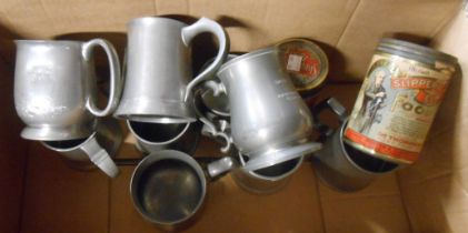 A box containing a quantity of pewter tankards - sold with two vintage Malted Slippery Elm food