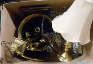 A box containing a quantity of assorted brass and other metalware including candlestick, lidded coal