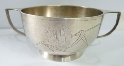 A late export Tuck Chong Co. marked 'silver' two handled sugar bowl with incised bamboo decoration