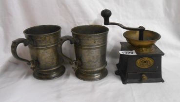 An antique Kenrick & Sons' cast iron coffee grinder with brass fittings - sold with two Victorian
