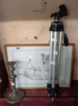 A Jack Russell picture, candlestick style lamp and tripod