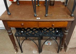 A 90cm Victorian mahogany washstand with two frieze drawers, set on turned legs with porcelain