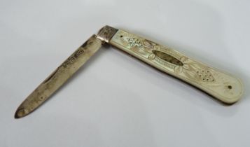 A silver folding fruit knife with decorated mother-of-pearl clad handle and blank cartouche