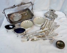 A box containing a quantity of silver plated items including serving dish, chamberstick, etc.