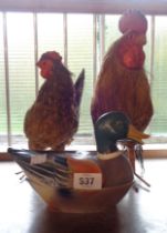 A papier mache Bantam cockerel and hen figurine, with feather finish - sold with a ceramic tureen of