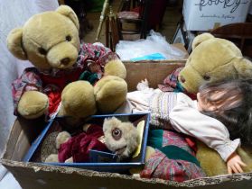 A box containing a quantity of soft toys including Meerkat Aleksandr, etc.