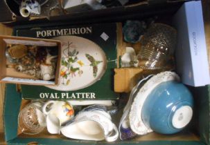 A box containing a quantity of ceramic and glass items including Portmeirion platters, etc.