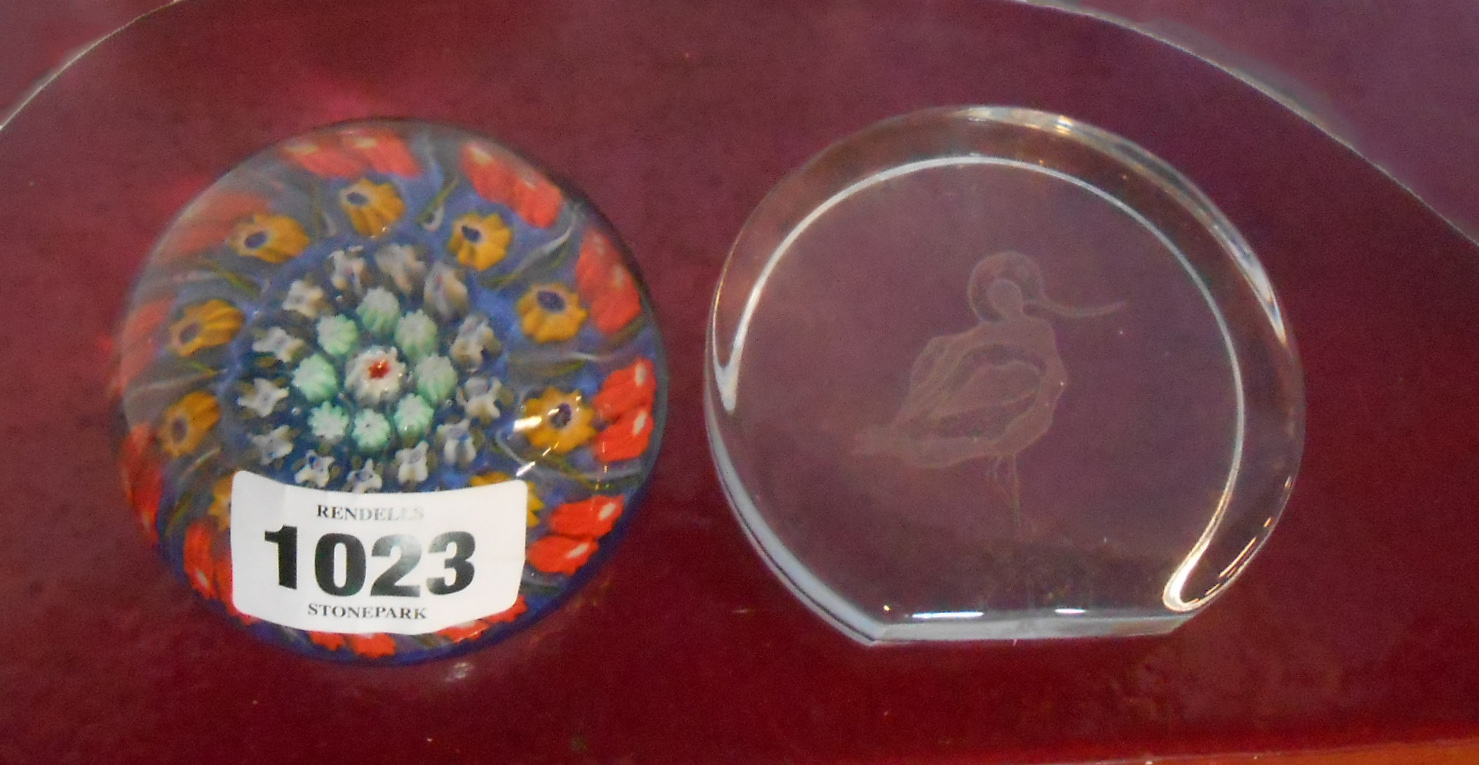 An old Scottish Vasart glass paperweight with millefiori decoration and foil paper label - sold with