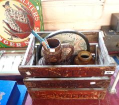 An old wooden Schweppes advertising crate containing a quantity of collectables including dairy