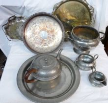 A box containing a quantity of silver plated and pewter items including pedestal bowl, trays and tea