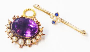 An old yellow metal pendant brooch, set with oval amethyst and seed pearls - sold with a 375 (