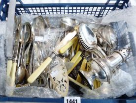 A crate containing a quantity of silver plated items mostly cutlery and a sugar caster, also one