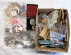 A box containing a quantity of GB and world coinage including Victorian Pennies, etc.