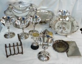 A box containing a quantity of silver plated items including pierced pedestal bowl, cake basket,