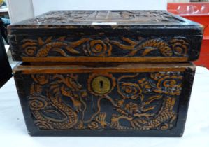 An old Chinese carved wood box, with lift-out tray