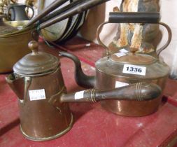 A antique copper chocolate pot with turned wood handle - sold with a small copper kettle