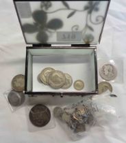 A decorative jewellery box containing a quantity of old GB silver and other coinage including 1897