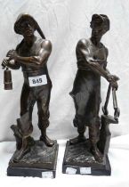 A pair of 19th Century brass figurines with bronzed finish depicting a miner and a blacksmith each