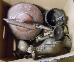 A box containing a quantity of assorted brass and other metalware including Eastern chased vases,