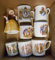 A box containing a quantity of assorted ceramics including Katshutte figurine, commemorative mugs,