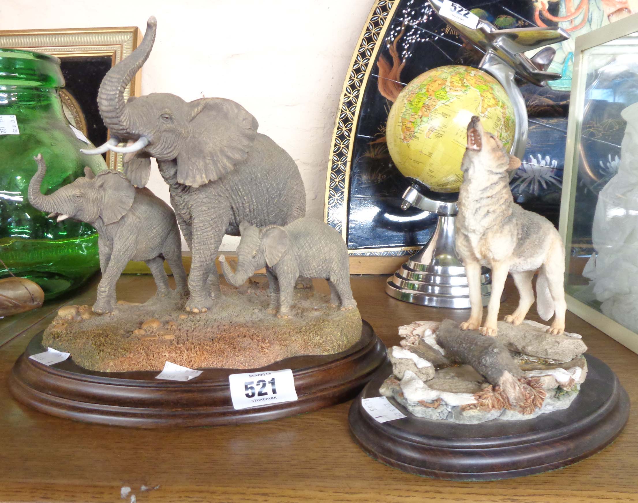 A Country Artists resin model of elephant cow and calves CA523 set on wooden base - sold with a