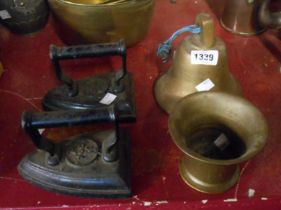 A cast brass porch bell - sold with an antique brass mortar and two flat irons