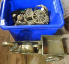 A crate containing a quantity of assorted brassware including figurines, sconces, etc.