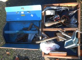 A toolbox and a wooden tray containing a quantity of assorted tools