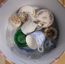 A cardboard hat box containing a quantity of assorted ceramics and glass including antique Chinese