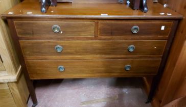 A 1.05m Edwardian mahogany and strung dressing chest with swing mirror, two short and three long