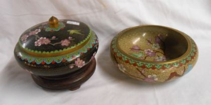 A vintage cloisonne lidded bowl with hard wood stand - sold with a similar bowl