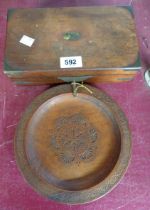 A Victorian brass bound vanity box - sold with a small chip carved wooden plate