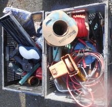 Two crates containing a quantity of assorted tools including power tools, cable, etc.