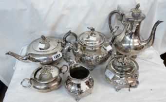 A 19th Century silver plated three piece tea set with porcelain insulators to teapot handle, cast