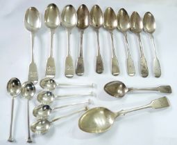 A bag containing assorted silver fiddle pattern teaspoons and six coffee spoons