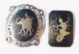 Two 'Siam sterling' brooches with niello work decoration