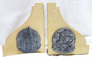 A pair of Houses of Parliament stone bookends with lead plaque - from the Second World War bombing