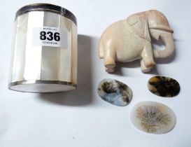 A mother-of-pearl lidded box - sold with a soapstone elephant figurine and three decorative agate
