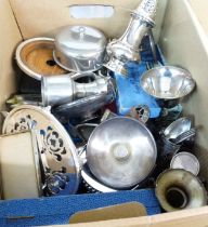 A box containing a quantity of silver plated items including cased cutlery, muffin dish and sugar