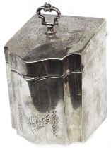 A silver novelty tea caddy in the form of classic Georgian serpentine front knife box with cast