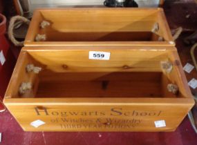 Two modern wooden 'Hogwarts' boxes