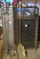 A set of brass fire irons - sold with brass and mesh folding fire screen