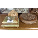 An old carved wooden circular box - sold with a vintage onyx cigarette box and a carved stone