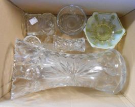 A box containing a quantity of glassware including pressed glass opaline bowl, cut glass vases,