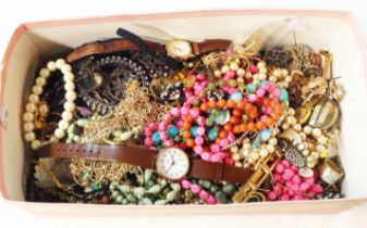 A shoebox containing a quantity of assorted costume jewellery and several modern wristwatches