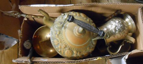A box containing a quantity of brass and other metalware including Victorian measures, etc.